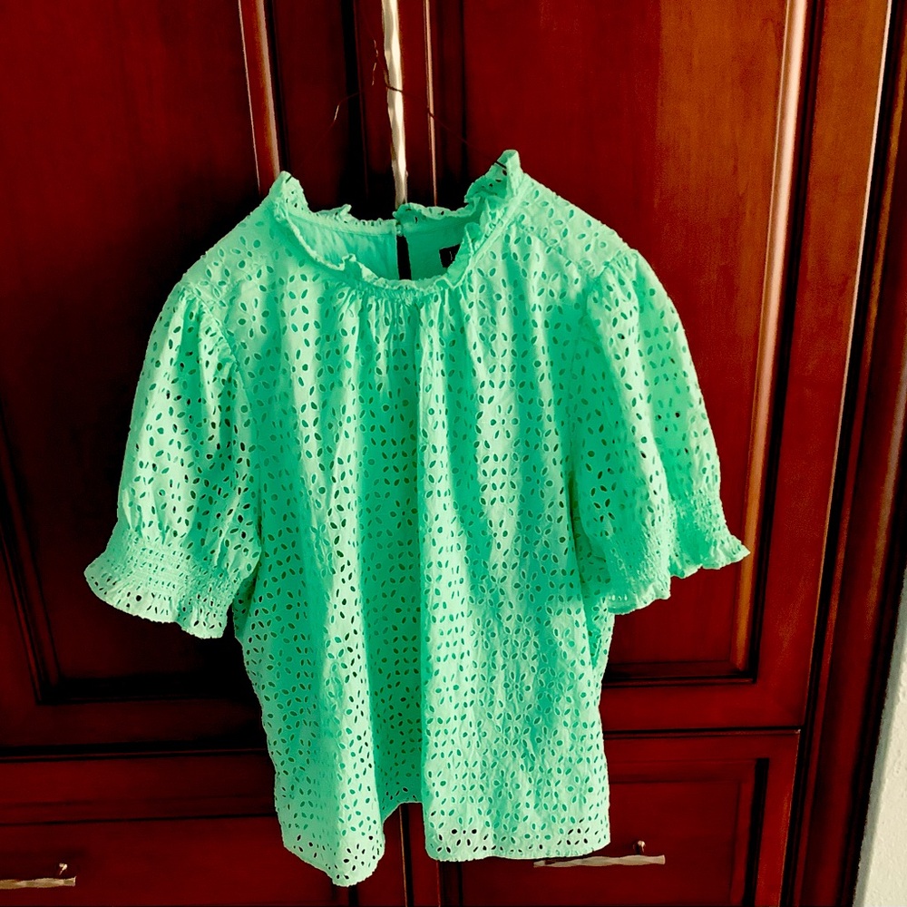 J. CREW MINT GREEN EYELET PUFFY SMOCKED SHORT SLEEVE LINED TOP SZ XL